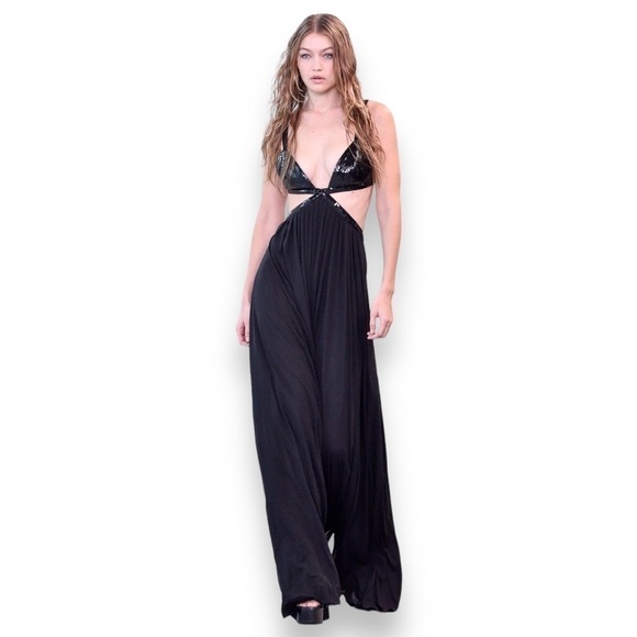 Michael Kors Collection Sequin Bikini Top Cut-out Jersey Maxi Dress Gown black - Picture 1 of 14